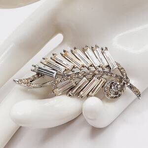Vintage Feather Brooch Clear Rhinestones Silver Tone Rhodium Plate, Repair